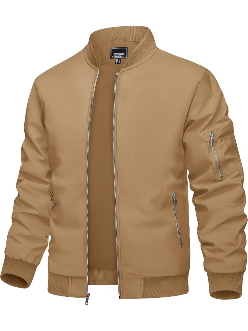 Men's Khaki Polyester Full Zipper Stand Collar Pockets Windbreaker Bomber Jacket